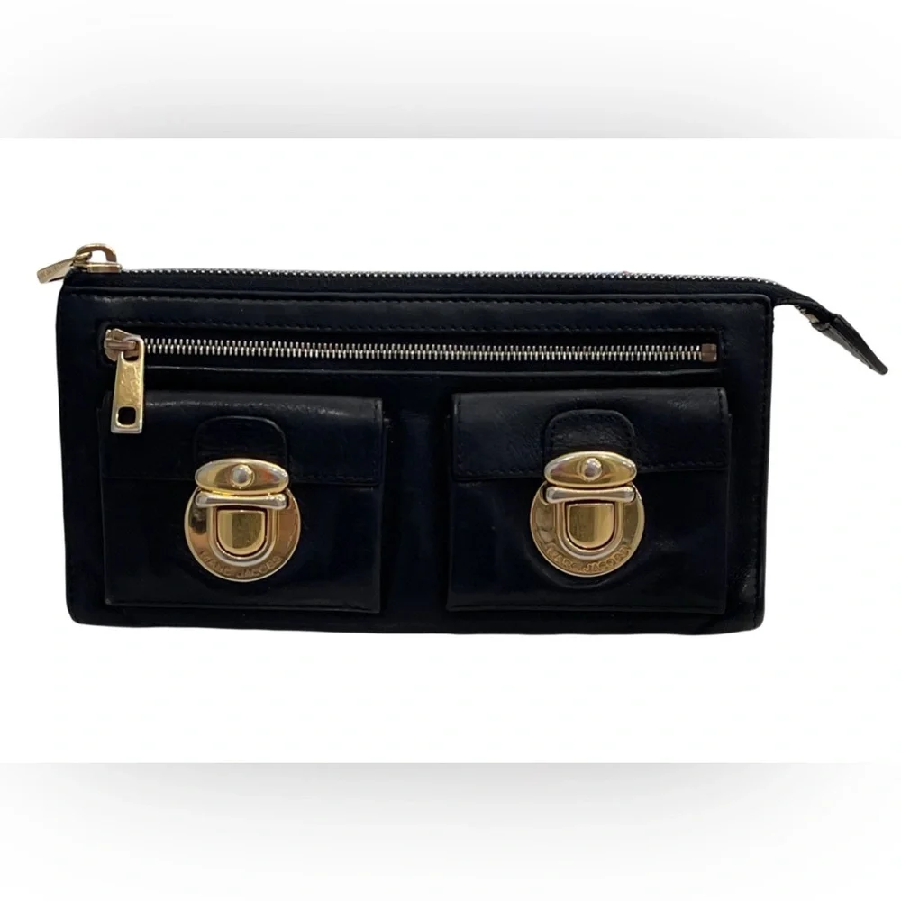 Marc Jacobs Black Leather Wallet Gold Hardware Multi Pocket Zip - Picture 1 of 15